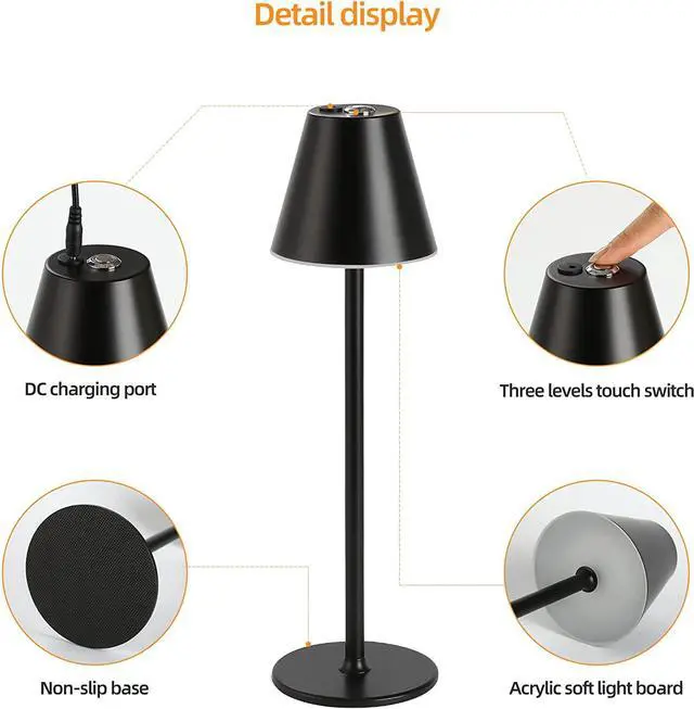 Alt view image 3 of 6 - Timjorman Modern LED CordlessTable Lamp,4000mAh Rechargeable Battery Desk lamp,3 Level Brightness Night Light, Metal Shell,Minimalist Design, for Couple Dinner/Coffee Table/Restaurant/Bedroom(Black)