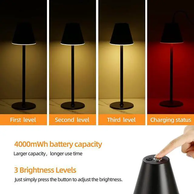 Alt view image 4 of 6 - Timjorman Modern LED CordlessTable Lamp,4000mAh Rechargeable Battery Desk lamp,3 Level Brightness Night Light, Metal Shell,Minimalist Design, for Couple Dinner/Coffee Table/Restaurant/Bedroom(Black)