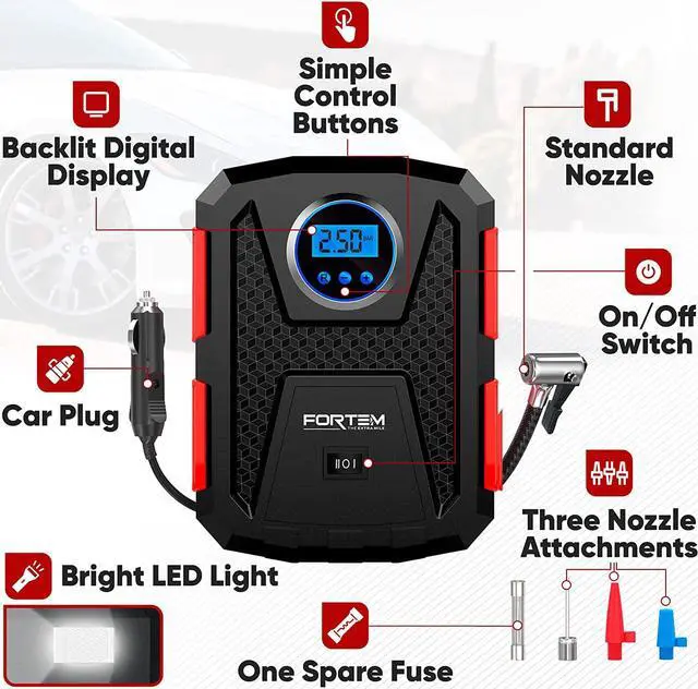 Alt view image 2 of 6 - FORTEM Tire Inflator Portable Air Compressor 150 PSI, 12V Electric Bike Pump for Car Tires and Bicycles w/LED Light, Digital Tire Pressure Gauge w/Auto Pump/Shut Off, Carrying Case (Red)
