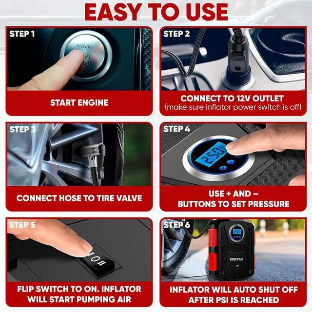 Alt view image 3 of 6 - FORTEM Tire Inflator Portable Air Compressor 150 PSI, 12V Electric Bike Pump for Car Tires and Bicycles w/LED Light, Digital Tire Pressure Gauge w/Auto Pump/Shut Off, Carrying Case (Red)