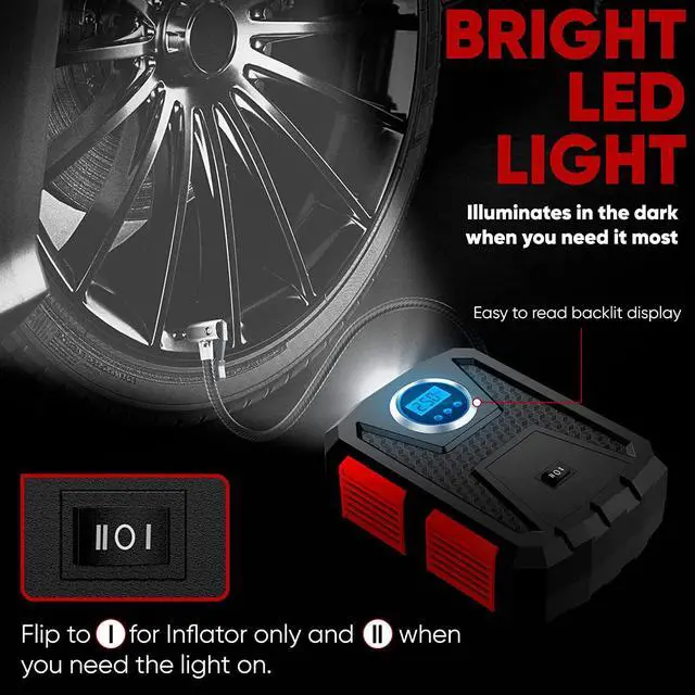 Alt view image 4 of 6 - FORTEM Tire Inflator Portable Air Compressor 150 PSI, 12V Electric Bike Pump for Car Tires and Bicycles w/LED Light, Digital Tire Pressure Gauge w/Auto Pump/Shut Off, Carrying Case (Red)