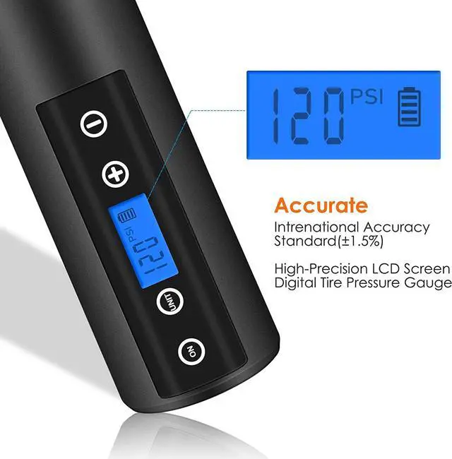 Alt view image 5 of 7 - 150 PSI Tire inflator portable air compressor with LCD Display Emergency LED Light Rechargeable Li-ion Batteryd Electric Cordless Air Pump for Cars, Motorbikes, Balls, Swim rings and All Bicycles