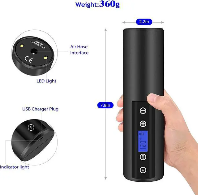 Alt view image 4 of 7 - 150 PSI Tire inflator portable air compressor with LCD Display Emergency LED Light Rechargeable Li-ion Batteryd Electric Cordless Air Pump for Cars, Motorbikes, Balls, Swim rings and All Bicycles