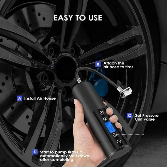 Alt view image 6 of 7 - 150 PSI Tire inflator portable air compressor with LCD Display Emergency LED Light Rechargeable Li-ion Batteryd Electric Cordless Air Pump for Cars, Motorbikes, Balls, Swim rings and All Bicycles