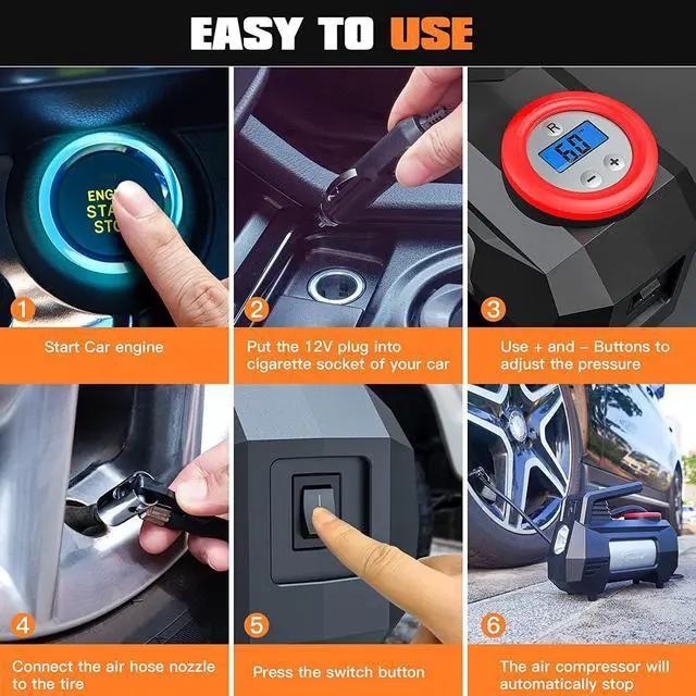 Alt view image 3 of 5 - HAUSBELL Portable Car Air Compressor, 2022 Product Upgraded Fully, Continuously Inflate 4 Tires, 12V DC Car Tire Air Pump, 150 PSI with Emergency LED Light, for Car Motorcycle Bicycle (Black)