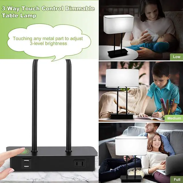 Alt view image 2 of 7 - Bedside Touch Control Table Lamp with Dual USB Charging Ports 1 AC Outlet, 3 Way Dimmable Modern Nightstand Lamp with White Fabric Shade, Desk Lamp for Bedroom Living Room Office with 5000K LED Bulb