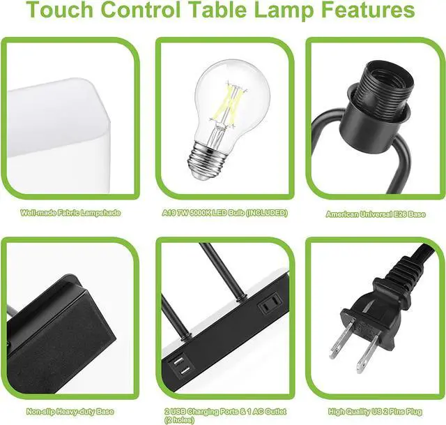 Alt view image 4 of 7 - Bedside Touch Control Table Lamp with Dual USB Charging Ports 1 AC Outlet, 3 Way Dimmable Modern Nightstand Lamp with White Fabric Shade, Desk Lamp for Bedroom Living Room Office with 5000K LED Bulb