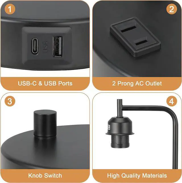 Alt view image 6 of 7 - Industrial Bedside Table Lamp for Bedroom - Nightstand Lamps with USB C Charging Port, Fully Dimmable Black Ports and Outlets, Small Desk Glass Shade Office Living Room