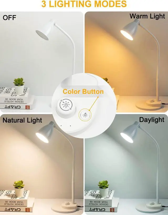 Alt view image 2 of 7 - BOHON LED Desk Lamp with USB Charging Port, 3 Color Modes Dimmable Reading Lamp, Auto Dimming Task Lamp, Flexible Gooseneck Table Light for Dorm Bedside, Adapter Include, White