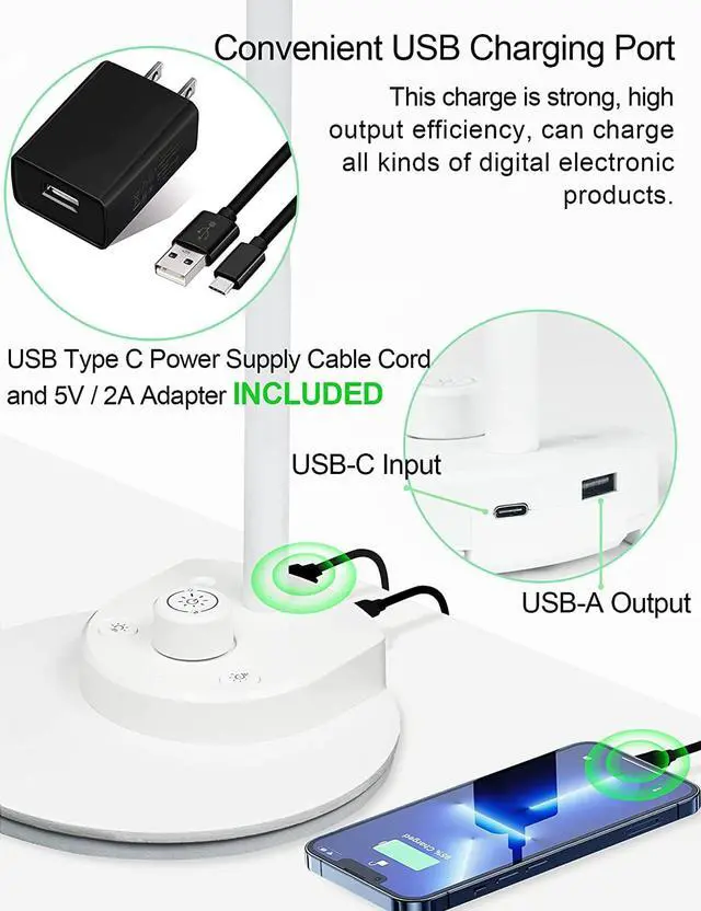 Alt view image 4 of 7 - BOHON LED Desk Lamp with USB Charging Port, 3 Color Modes Dimmable Reading Lamp, Auto Dimming Task Lamp, Flexible Gooseneck Table Light for Dorm Bedside, Adapter Include, White