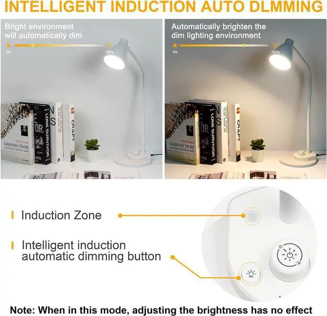 Alt view image 6 of 7 - BOHON LED Desk Lamp with USB Charging Port, 3 Color Modes Dimmable, White | Reading Lamp, Auto Dimming Task Lamp, Flexible Neck Table Light for Dorm Bedside, Adapter Include
