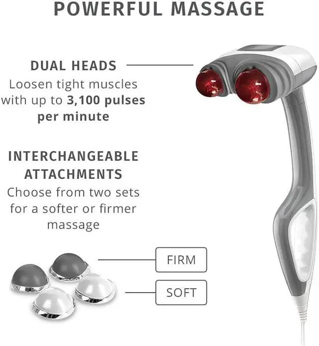Alt view image 2 of 7 - Back Massager - Heated Automatic Percussion Back, Body and Neck Massager with Duel Pivoting Heads, Interchangeable Nodes, For Shoulders, Legs and Feet, White