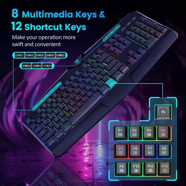 Alt view image 3 of 7 - Gaming Keyboard, Dacoity Full Size Rainbow LED Backlit Quiet Computer Keyboard, Wrist Rest, 8 Multimedia Keys, 25 Keys Anti-ghosting, Office Key, Waterproof Light Up USB Wired Keyboard for PC Mac Xbox