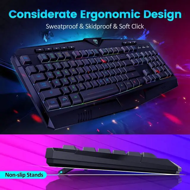 Alt view image 5 of 7 - Gaming Keyboard, Dacoity Full Size Rainbow LED Backlit Quiet Computer Keyboard, Wrist Rest, 8 Multimedia Keys, 25 Keys Anti-ghosting, Office Key, Waterproof Light Up USB Wired Keyboard for PC Mac Xbox