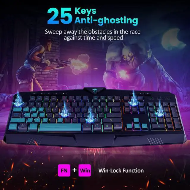 Alt view image 6 of 7 - Gaming Keyboard, Dacoity Full Size Rainbow LED Backlit Quiet Computer Keyboard, Wrist Rest, 8 Multimedia Keys, 25 Keys Anti-ghosting, Office Key, Waterproof Light Up USB Wired Keyboard for PC Mac Xbox