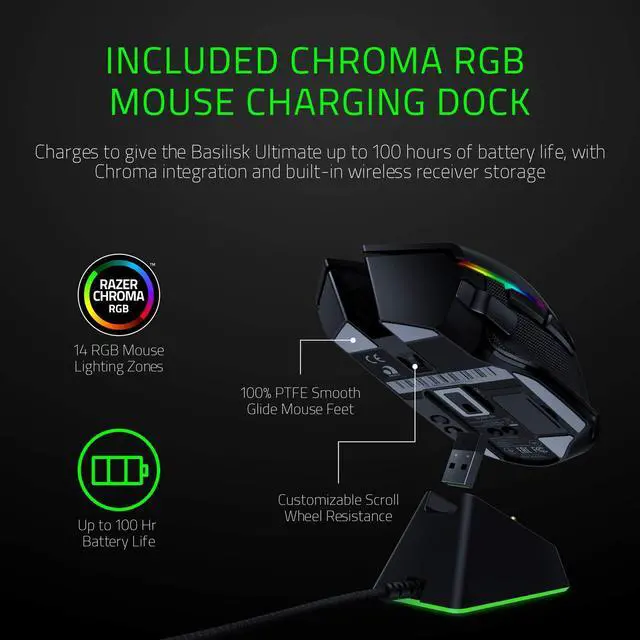 Alt view image 3 of 14 - Razer Basilisk Ultimate With Charging Dock Wireless Optical Gaming Mouse