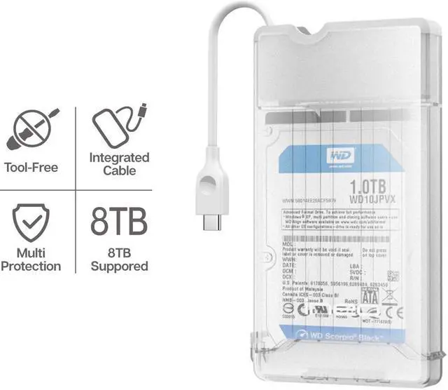 Alt view image 2 of 7 - ineo 2.5" USB 3.1 Gen 2 Type C (10Gbps) Tool-Free External Hard Drive Enclosure for 2.5 inch 9.5mm & 7mm SATA HDD SSD [C2573c]