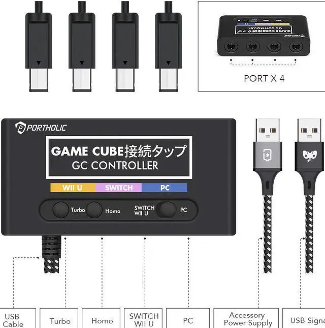 Alt view image 4 of 6 - Portholic Gamecube Controller Adapter with 4 Ports Compatible with Wii U, Nintendo Switch for Super Smash Bros Ultimate (No Drivers Needed) - Black