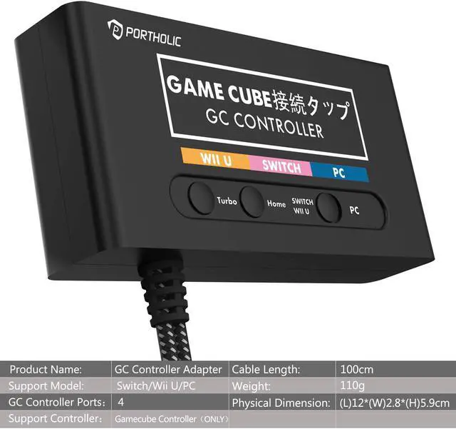 Alt view image 5 of 6 - Portholic Gamecube Controller Adapter with 4 Ports Compatible with Wii U, Nintendo Switch for Super Smash Bros Ultimate (No Drivers Needed) - Black