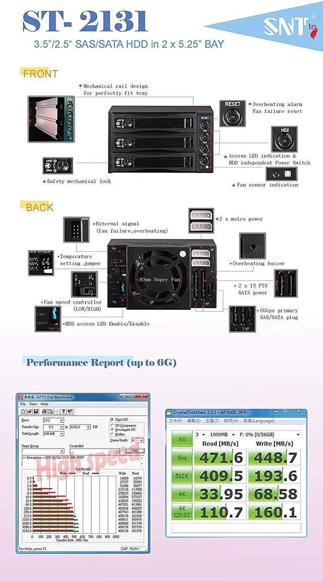Alt view image 4 of 6 - EZDIY-FAB 3 Bay Hot Swap Mobile Rack for 2.5 inch or 3.5 inch SSD/HDD, Internal SATA Hard Drive Backplane Enclosure, Support SATA I/II/III & SAS I/II 6Gbps and [Optimized for SSD]