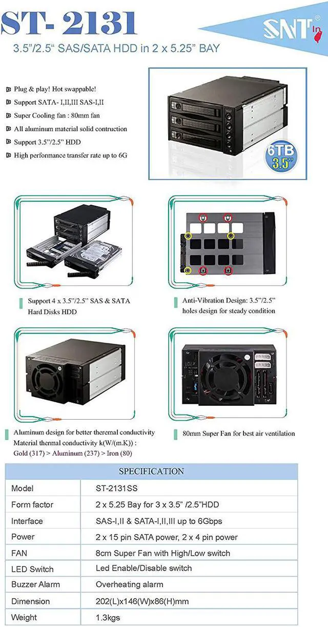 Alt view image 5 of 6 - EZDIY-FAB 3 Bay Hot Swap Mobile Rack for 2.5 inch or 3.5 inch SSD/HDD, Internal SATA Hard Drive Backplane Enclosure, Support SATA I/II/III & SAS I/II 6Gbps and [Optimized for SSD]
