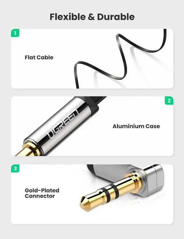 Alt view image 3 of 7 - UGREEN 3.5mm Auxiliary Audio Jack to Jack cable 90 Degree Right Angle for Apple iPhone, iPod, iPad, Samsung, Smartphones, Tablets and Speakers,24K Gold Plated Male to Male (1.5/3/6/10FT, Black)
