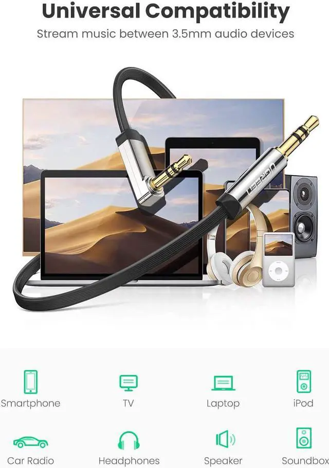 Alt view image 4 of 7 - UGREEN 3.5mm Auxiliary Audio Jack to Jack cable 90 Degree Right Angle for Apple iPhone, iPod, iPad, Samsung, Smartphones, Tablets and Speakers,24K Gold Plated Male to Male (1.5/3/6/10FT, Black)