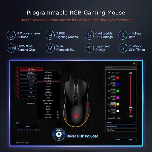 Alt view image 2 of 7 - CORN RGB Gaming Mouse Wired, Adjustable 10,000 DPI, 8 Programmable Buttons-7 RGB Lighting Modes Ergonomic USB Mice PMW3325 with Fire Button for Laptop/PC with Long Braided Cord, Matt Black