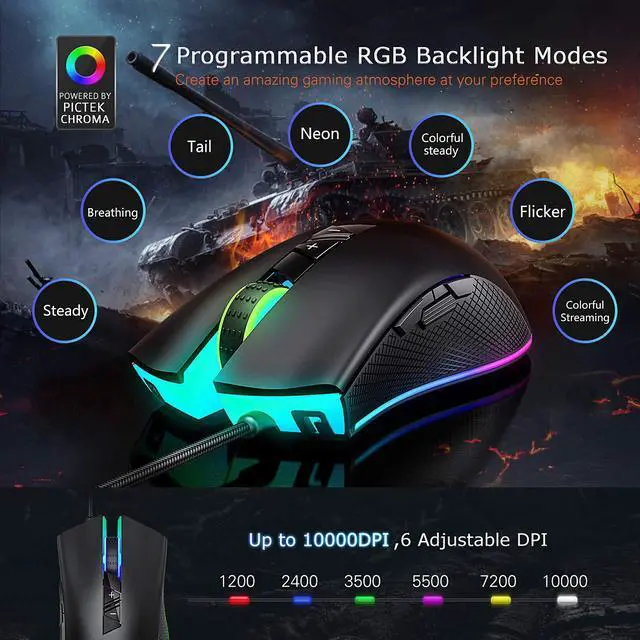 Alt view image 3 of 7 - CORN RGB Gaming Mouse Wired, Adjustable 10,000 DPI, 8 Programmable Buttons-7 RGB Lighting Modes Ergonomic USB Mice PMW3325 with Fire Button for Laptop/PC with Long Braided Cord, Matt Black