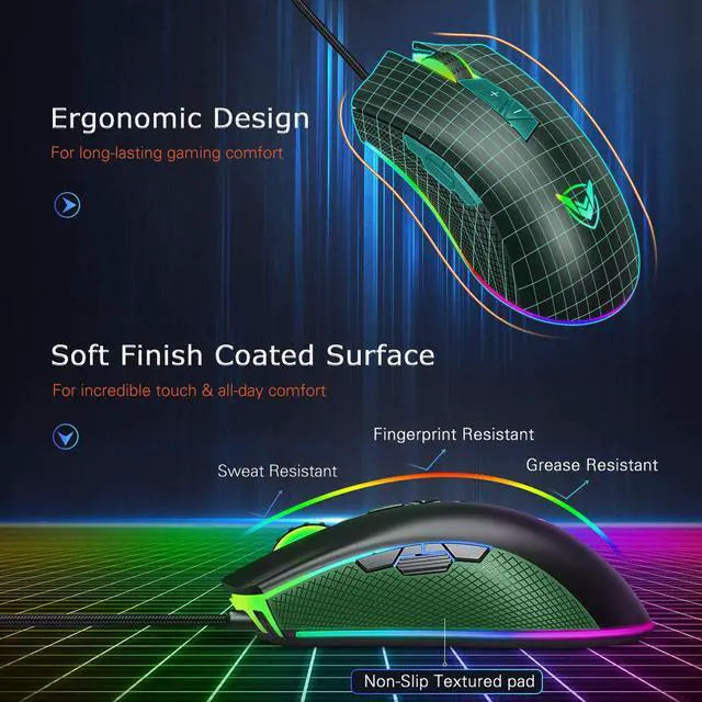 Alt view image 7 of 7 - CORN RGB Gaming Mouse Wired, Adjustable 10,000 DPI, 8 Programmable Buttons-7 RGB Lighting Modes Ergonomic USB Mice PMW3325 with Fire Button for Laptop/PC with Long Braided Cord, Matt Black