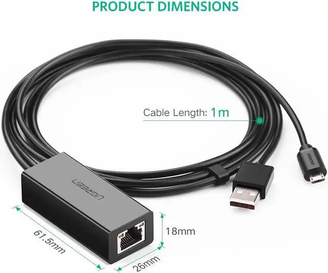 Alt view image 3 of 6 - UGREEN Ethernet Adapter for Fire TV Stick (2nd GEN), All-New Fire TV (2017), Chromecast Ultra / 2/1 / Audio, Google Home Mini, Micro USB to RJ45 Ethernet Adapter with USB Power Supply Cable