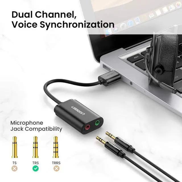 Alt view image 4 of 7 - UGREEN USB Audio Adapter External Stereo Sound Card With 3.5mm Headphone And Microphone Jack For Windows, Mac, Linux, PC, Laptops, Desktops, PS4