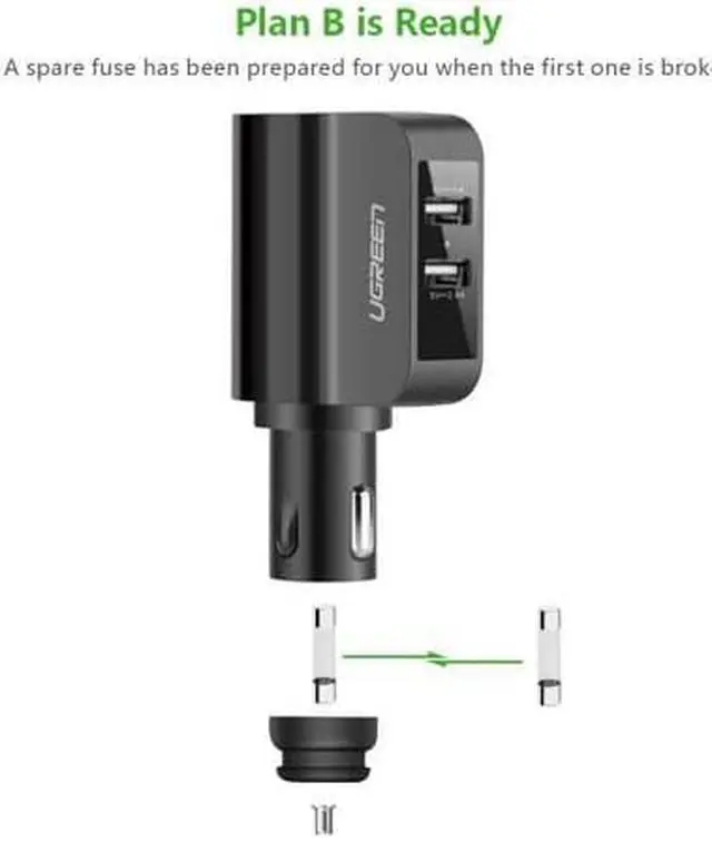 Alt view image 2 of 5 - UGREEN Car Charger 60W Cigarette Lighter Socket Splitter, 5V 2.4A Dual USB with Extra Fuse Tube for iPhone X 8 8 Plus, Samsung Galaxy S8 S8 plus Note 8, LG V30 V20 G6, Sony, Dashcam GPS MP3 Players