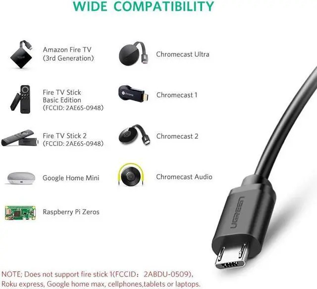 Alt view image 4 of 6 - UGREEN Ethernet Adapter for Fire TV Stick (2nd GEN), All-New Fire TV (2017), Chromecast Ultra / 2/1 / Audio, Google Home Mini, Micro USB to RJ45 Ethernet Adapter with USB Power Supply Cable