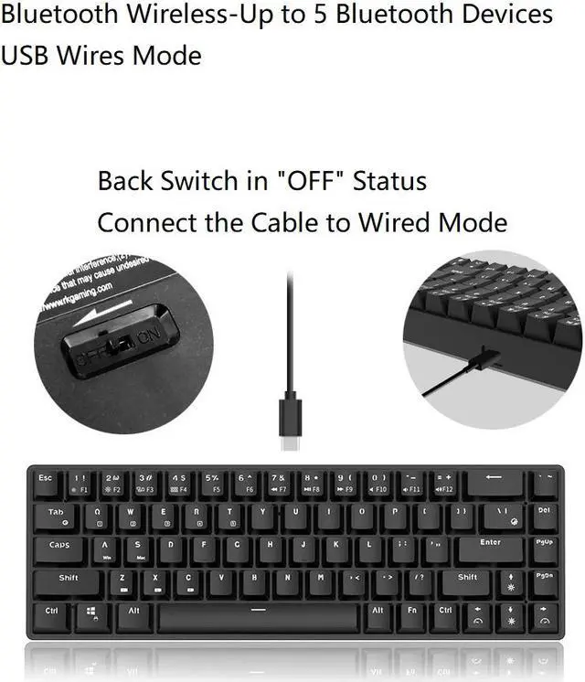 Alt view image 4 of 7 - RK RK855 Bluetooth Wireless and USB Wired Dual-mode 68 Keys Mechanical Gaming Keyboard, Adjustable White Backlit