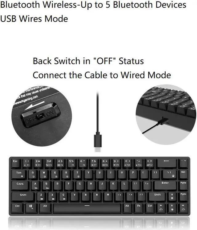 Alt view image 4 of 7 - RK RK855 Bluetooth Wireless and USB Wired Dual-mode 68 Keys Mechanical Gaming Keyboard, Adjustable White Backlit