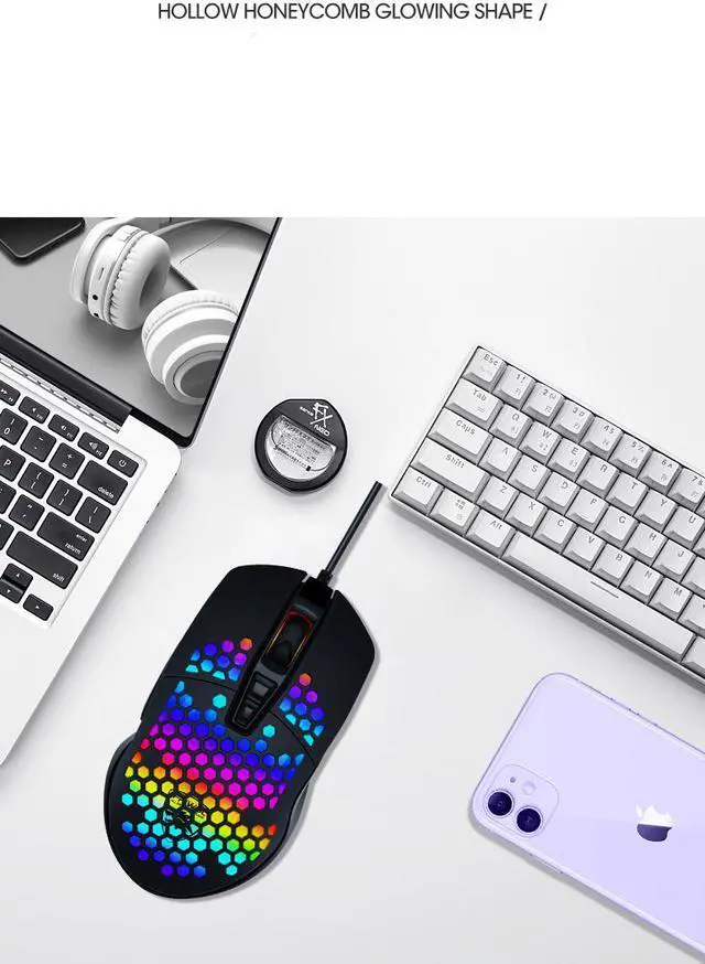 Alt view image 3 of 6 - CORN V9 Optical USB Wired 3500DPI RGB Light Macro Programmable Gaming Mouse with Honeycomb Shell