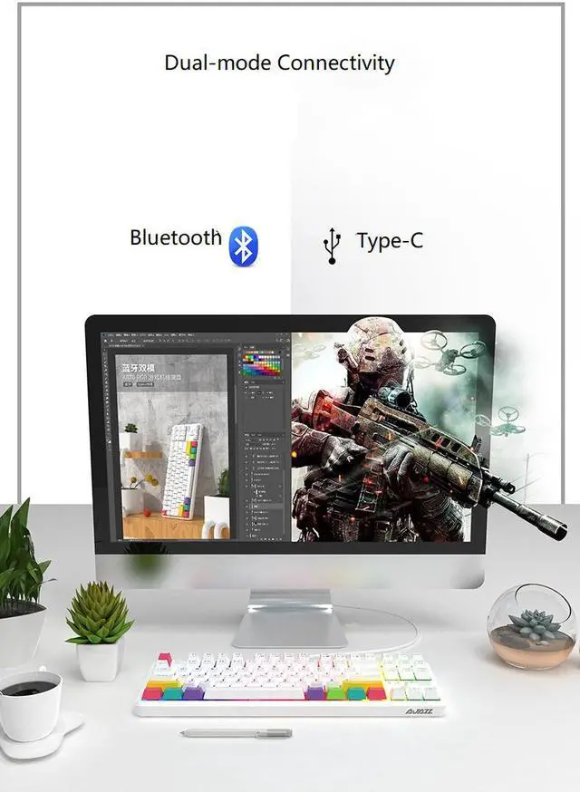 Alt view image 5 of 7 - A-jazz  K870T Wired and Bluetooth Wireless Dual-mode Connectivity RGB Backlit TKL Mechanical Keyboard