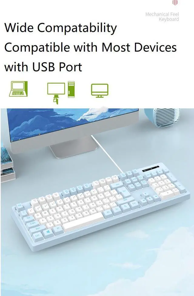 Alt view image 4 of 7 - Mechanical Feeling Gaming Keyboard Full Size 104-Keys for PC and Laptop, 26 Anti-ghosting Keys,Blue keyboard Wired White Backlit