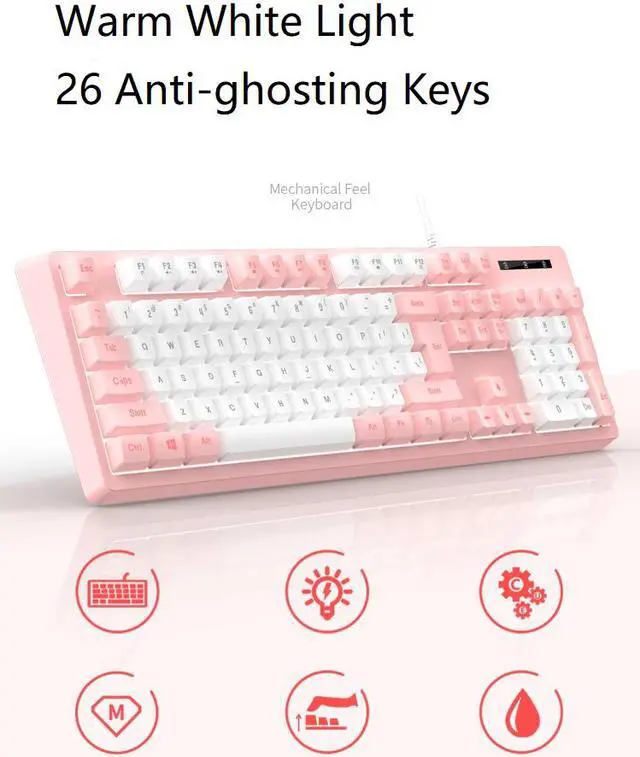 Alt view image 3 of 7 - Mechanical Feeling Gaming Keyboard Full Size 104-Keys for PC and Laptop, 26 Anti-ghosting Keys,Blue keyboard Wired White Backlit