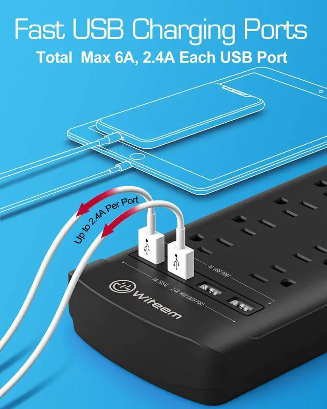 Alt view image 4 of 7 - Power Strip, Witeem Surge Protector with 12-Outlet (1875W/15A,4360Joules) and 4 USB Charging Ports (5V/6A,30W),6Ft Extension Cord, Wall Mountable Overload Protection Outlet for Home & Office, Black