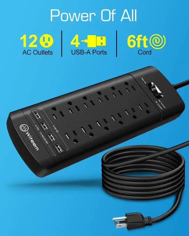 Alt view image 3 of 7 - Power Strip, Witeem Surge Protector with 12-Outlet (1875W/15A,4360Joules) and 4 USB Charging Ports (5V/6A,30W),6Ft Extension Cord, Wall Mountable Overload Protection Outlet for Home & Office, Black