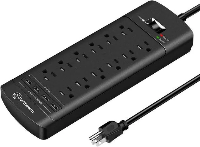 Main image of Power Strip, Witeem Surge Protector with 12-Outlet (1875W/15A,4360Joules) and 4 USB Charging Ports (5V/6A,30W),6Ft Extension Cord, Wall Mountable Overload Protection Outlet for Home & Office, Black