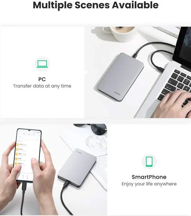 Alt view image 2 of 7 - UGREEN USB C Hard Drive Enclosure for 2.5" SATA SSD HDD, Aluminum USB C to SATA Adapter USB 3.1 Gen 2 Support UASP SATA III Compatible with MacBook Pro/Air, WD, Seagate, Toshiba, Samsung, Hitachi