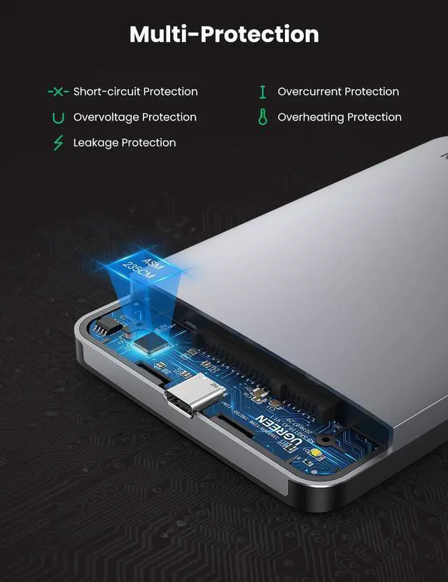 Alt view image 7 of 7 - UGREEN USB C Hard Drive Enclosure for 2.5" SATA SSD HDD, Aluminum USB C to SATA Adapter USB 3.1 Gen 2 Support UASP SATA III Compatible with MacBook Pro/Air, WD, Seagate, Toshiba, Samsung, Hitachi