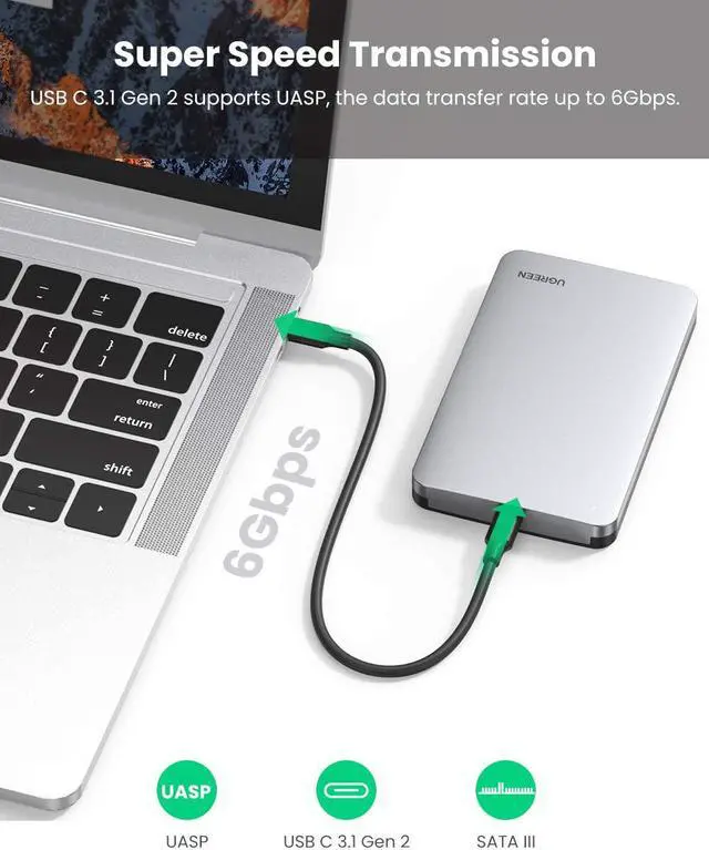 Alt view image 6 of 7 - UGREEN USB C Hard Drive Enclosure for 2.5" SATA SSD HDD, Aluminum USB C to SATA Adapter USB 3.1 Gen 2 Support UASP SATA III Compatible with MacBook Pro/Air, WD, Seagate, Toshiba, Samsung, Hitachi