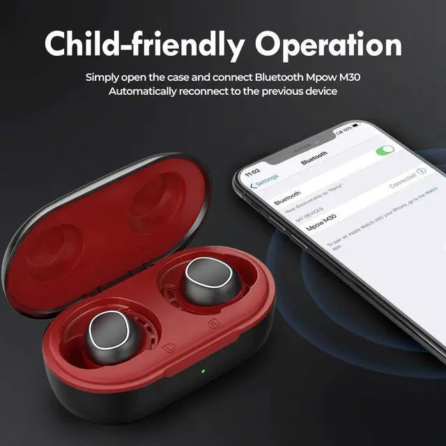 Alt view image 3 of 7 - Wireless Earbuds, Mpow M30 in-Ear Bluetooth Headphones, Immersive Sound w/Bass, IPX8 Waterproof Sport Earbuds, Touch Control, 25 Hrs w/Type-C Charging Case/Mics, Red