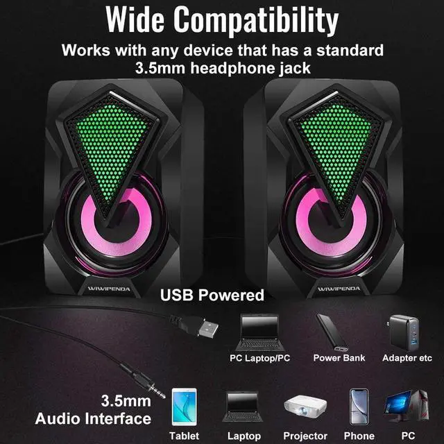 Alt view image 5 of 7 - Computer Speakers X2 Wired PC Speaker 2.0 USB Gaming Powered Stereo Mini Multimedia Volume Control with RGB Lights 3.5mm Aux Input for Phone Tablets Desktop Laptop