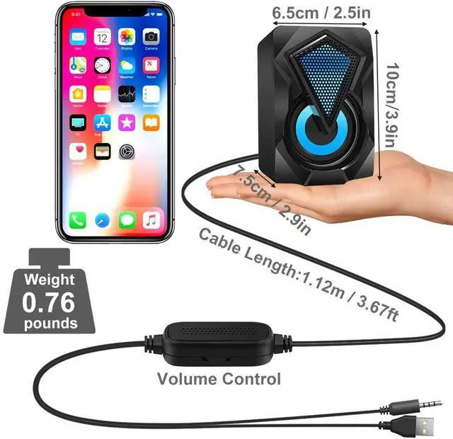 Alt view image 6 of 7 - Computer Speakers X2 Wired PC Speaker 2.0 USB Gaming Powered Stereo Mini Multimedia Volume Control with RGB Lights 3.5mm Aux Input for Phone Tablets Desktop Laptop