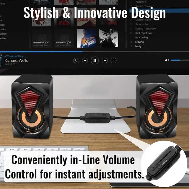 Alt view image 4 of 7 - Computer Speakers X2 Wired PC Speaker 2.0 USB Gaming Powered Stereo Mini Multimedia Volume Control with RGB Lights 3.5mm Aux Input for Phone Tablets Desktop Laptop